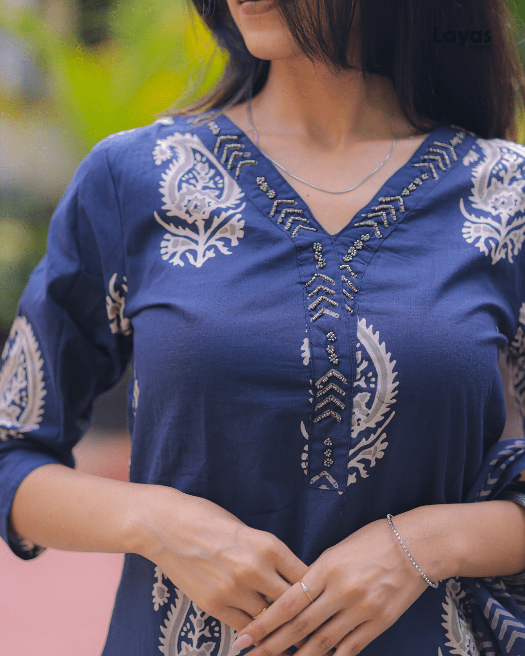 Navy Blue Floral Cotton Kurta Pant Dupatta Set – Layas Marts