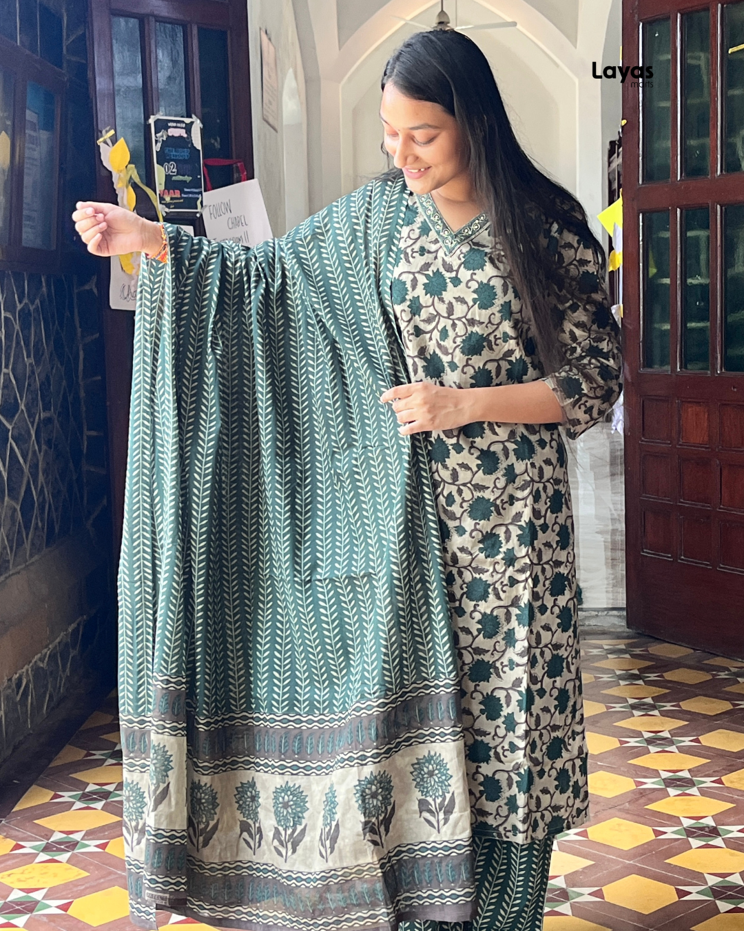 Green Floral Printed Cotton Suit Set with Dupatta