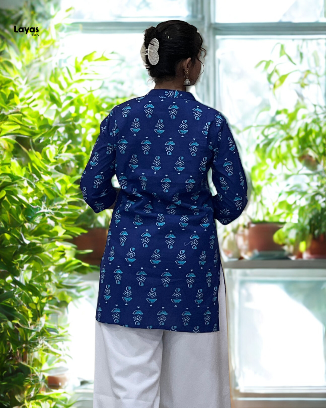 Neelaya Blue Handblock style Cotton Short Kurta by Layas Marts