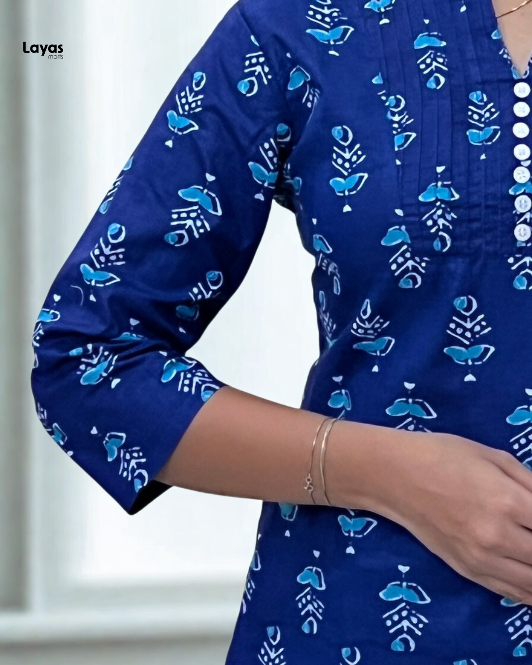 Neelaya Blue Handblock style Cotton Short Kurta by Layas Marts