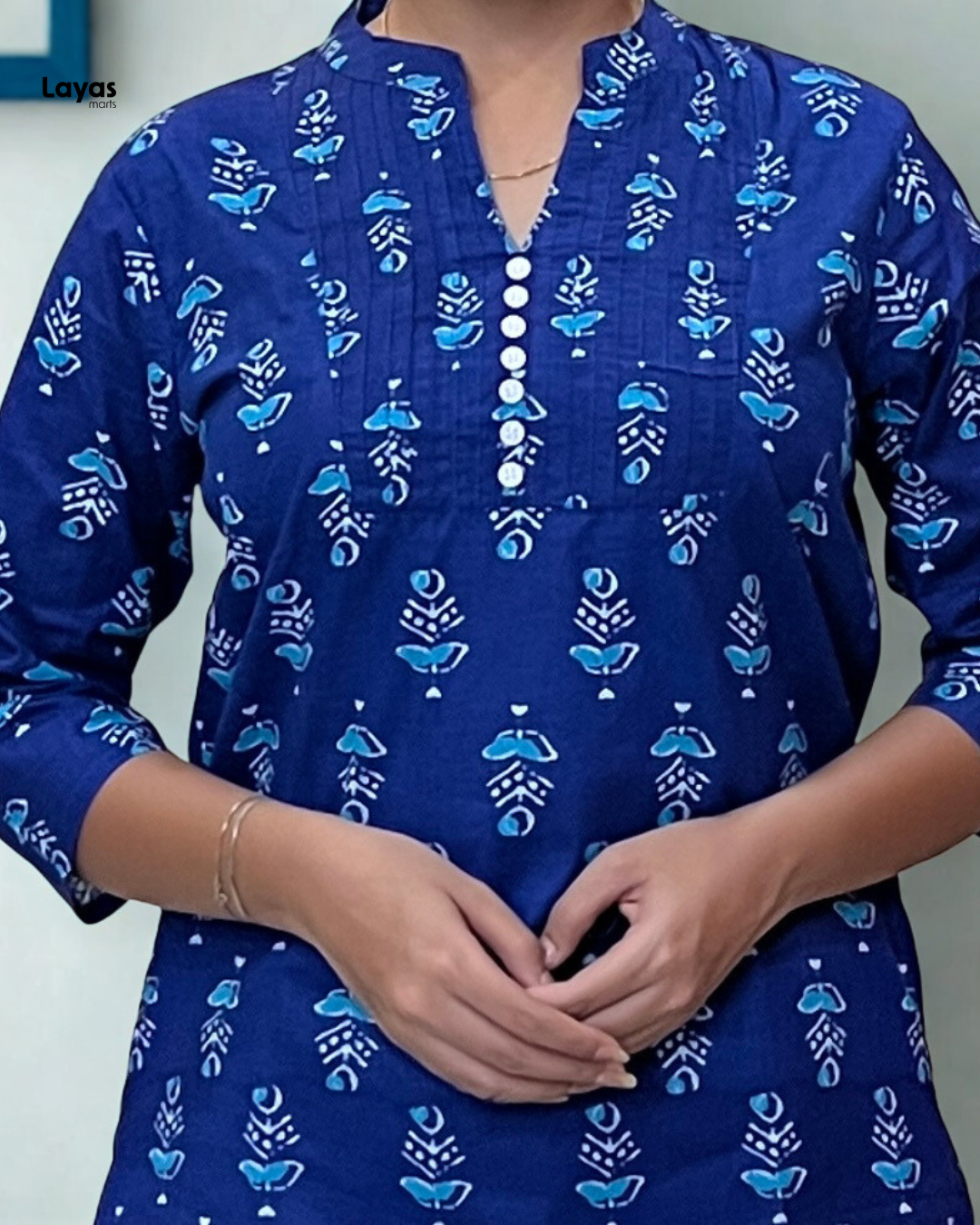 Neelaya Blue Handblock style Cotton Short Kurta by Layas Marts