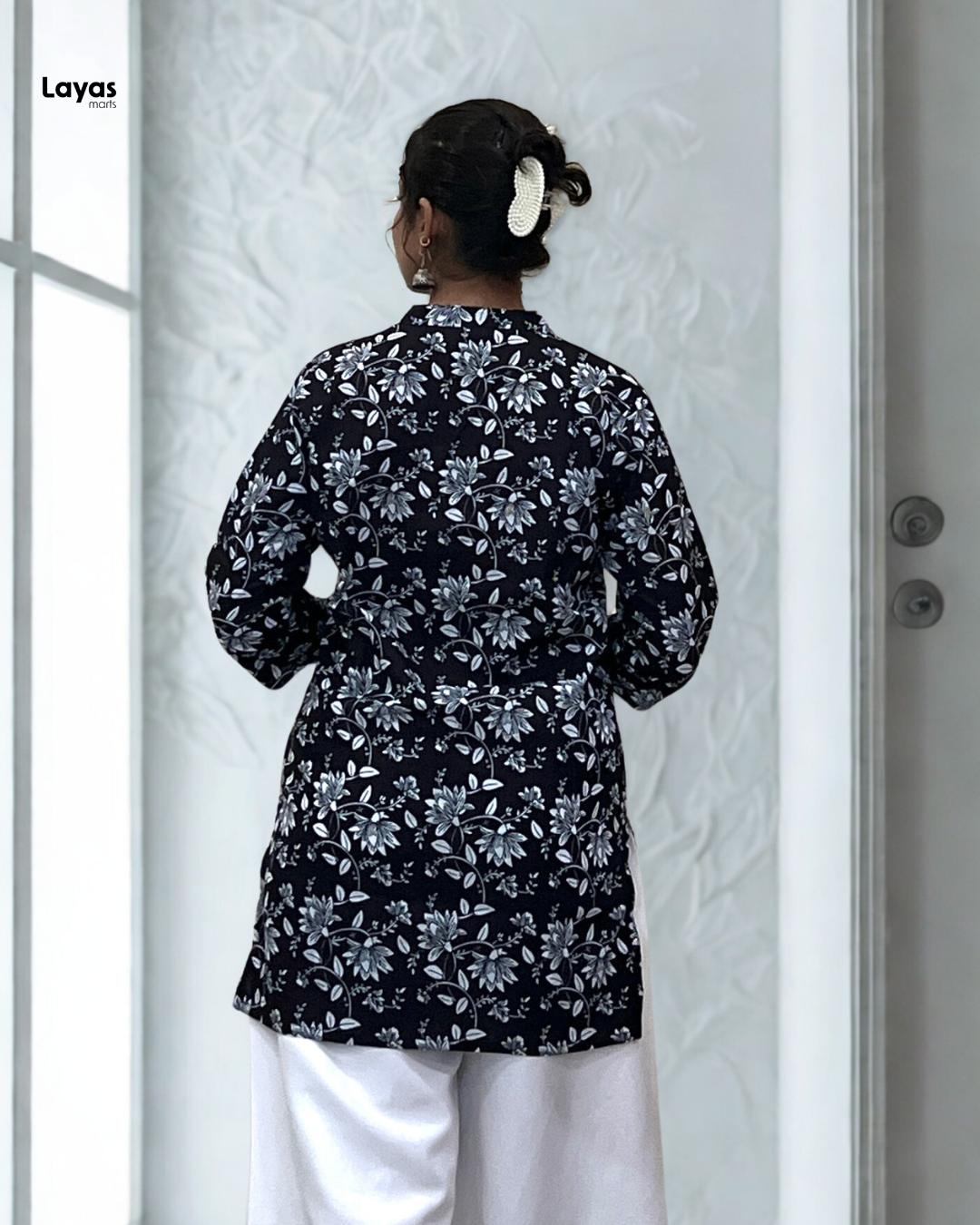 Elegant Black Floral Cotton Short Kurta – Layas Marts