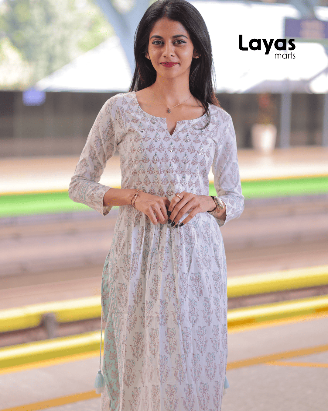 Turquoise Jaipuri Printed Naira Cut Kurta Pant Set