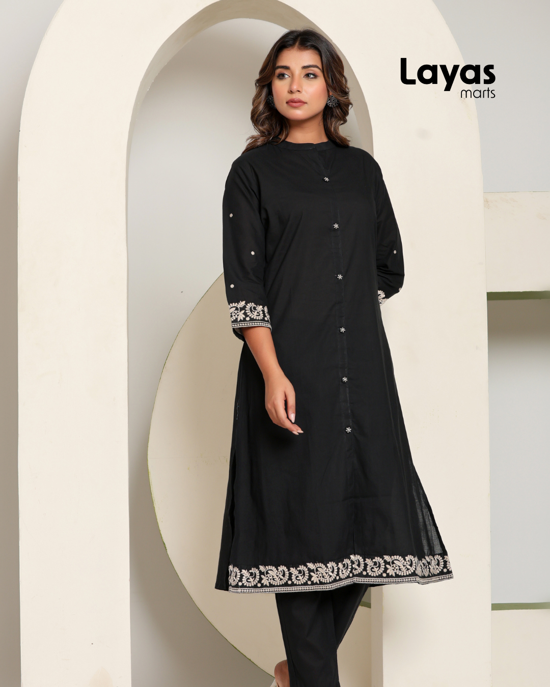 Black Chikankari Style Embroidered A-Line Kurta with Pant – Pure Cotton Set