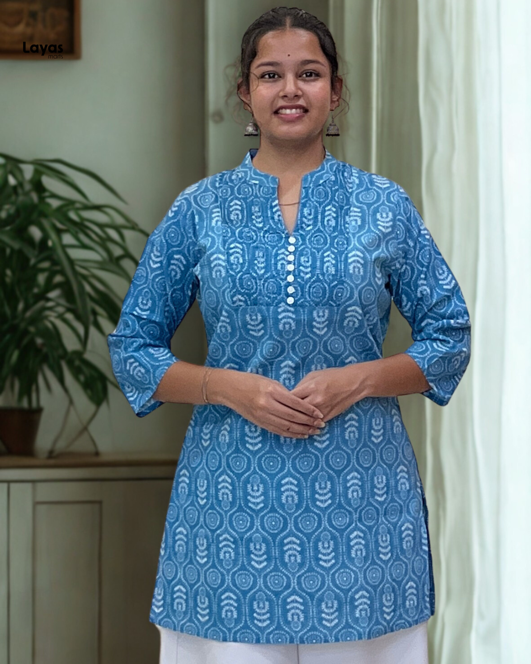 Nayra Sky Blue Printed Cotton Short Kurta – Everyday Elegance | Layas Marts