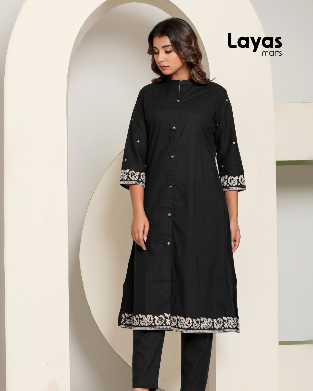 Black Chikankari Style Embroidered A-Line Kurta with Pant – Pure Cotton Set