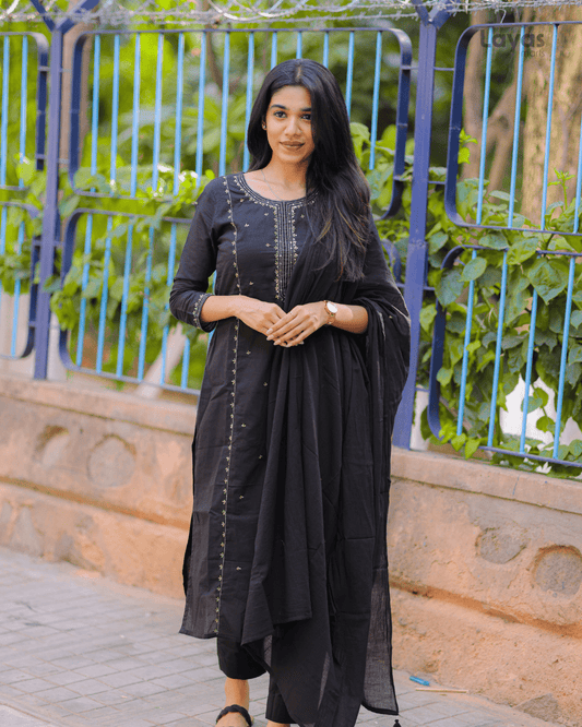 Black Embroidered Mulmul Cotton Suit Set – Layas Marts
