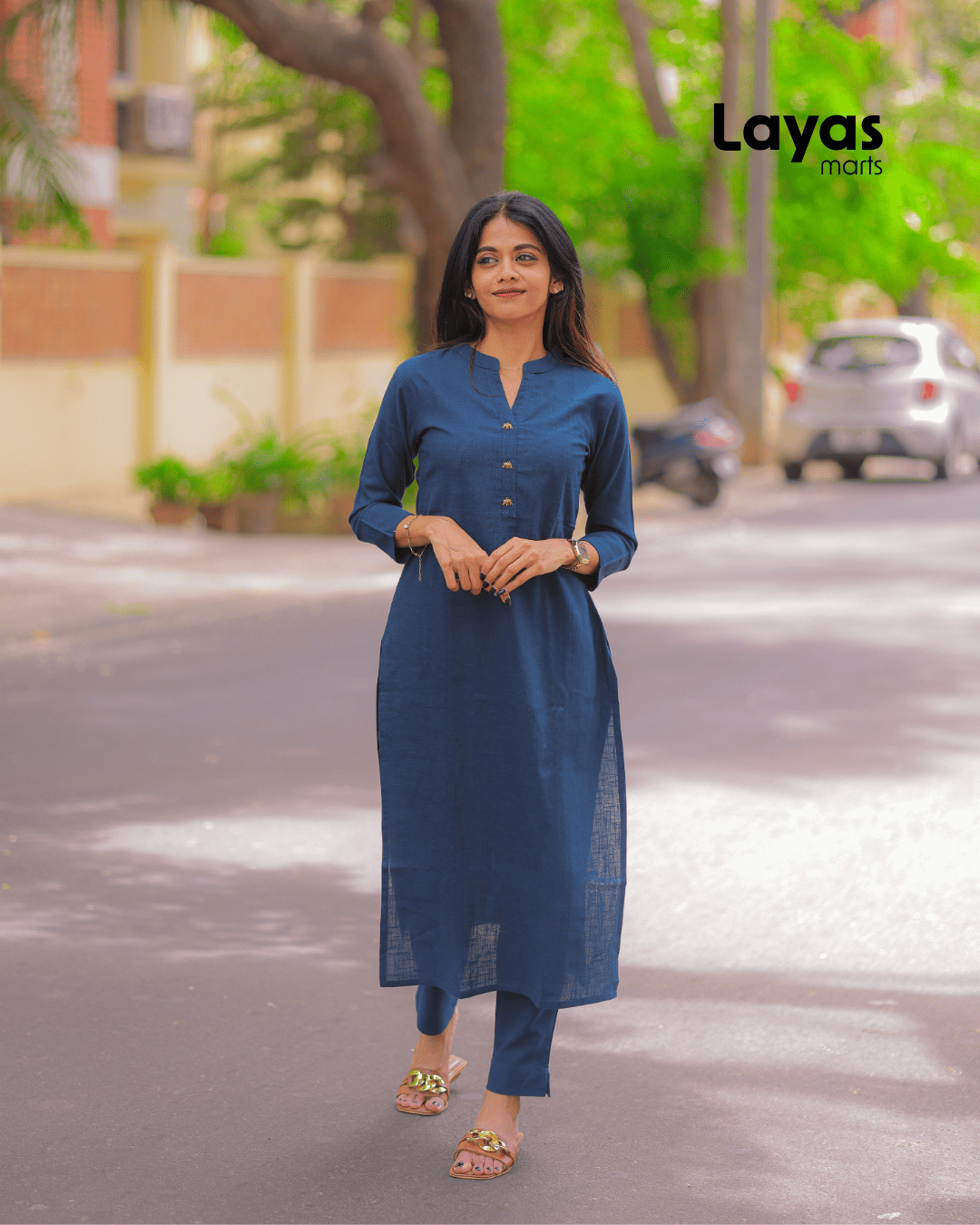 Navy Blue Solid Cotton Casual Kurta