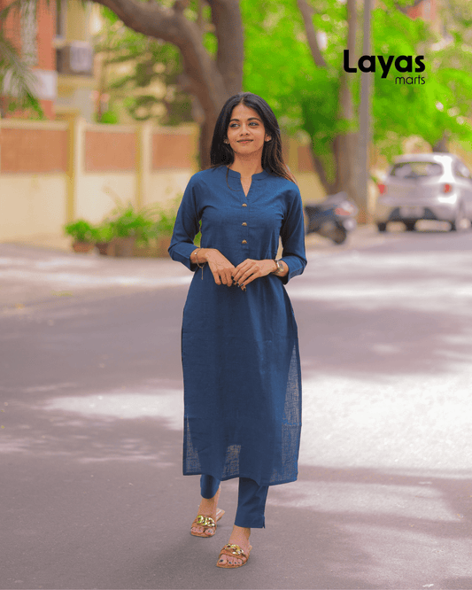 Navy Blue Solid Cotton Casual Kurta