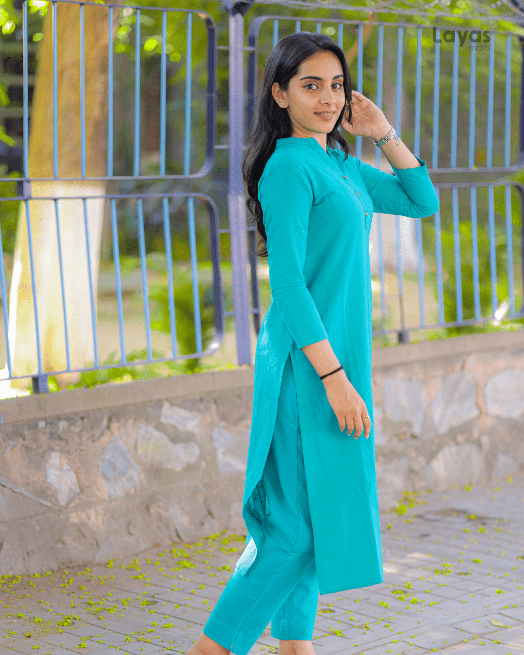 Teal Green Solid Cotton Casual Kurta