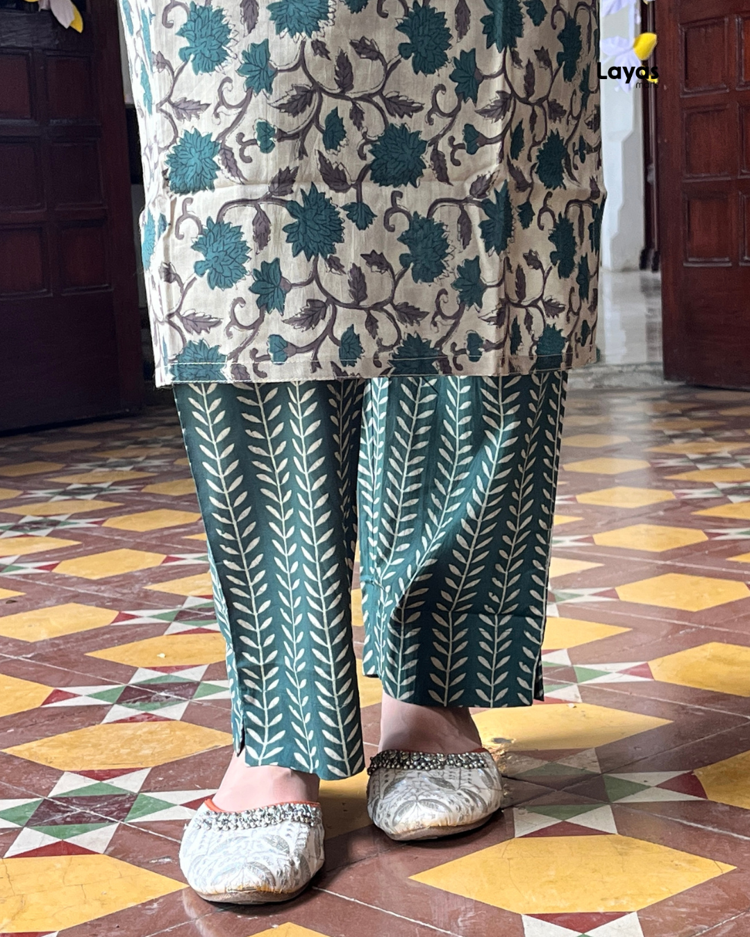 Green Floral Printed Cotton Suit Set with Dupatta