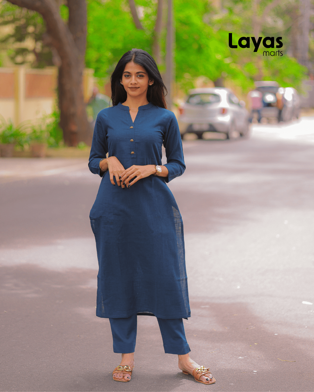 Navy Blue Solid Cotton Casual Kurta