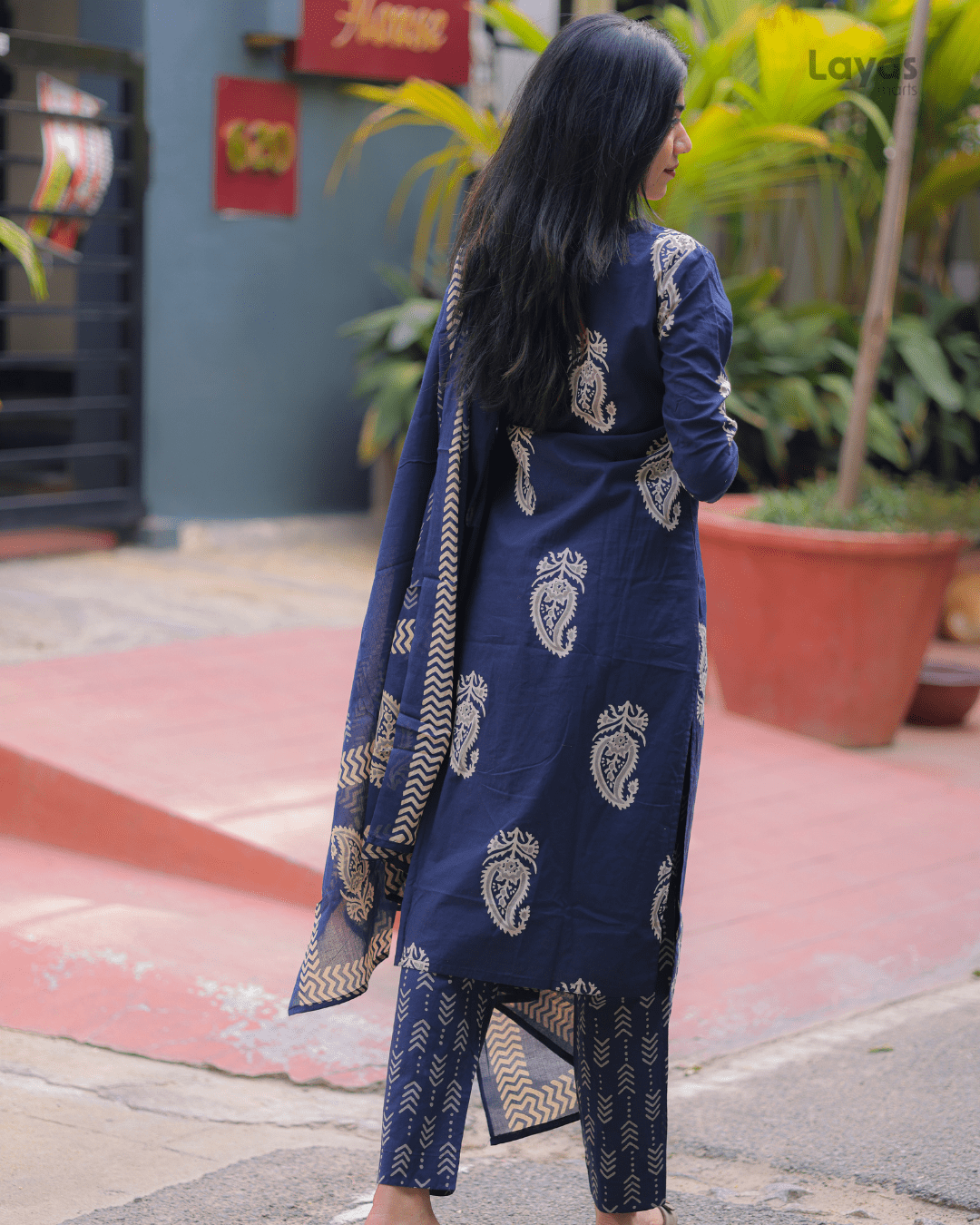 Navy Blue Floral Cotton Kurta Pant Dupatta Set – Layas Marts