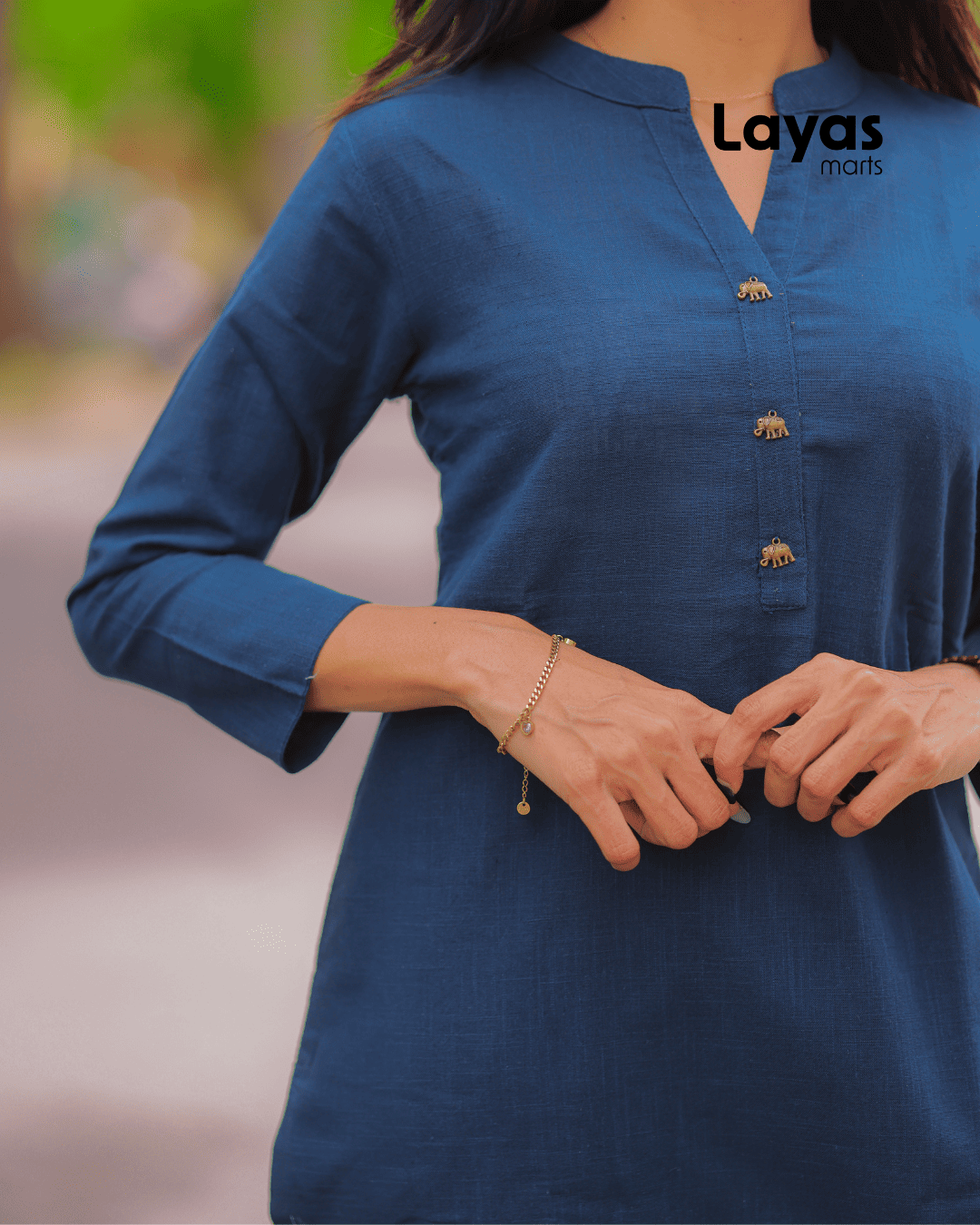 Navy Blue Solid Cotton Casual Kurta