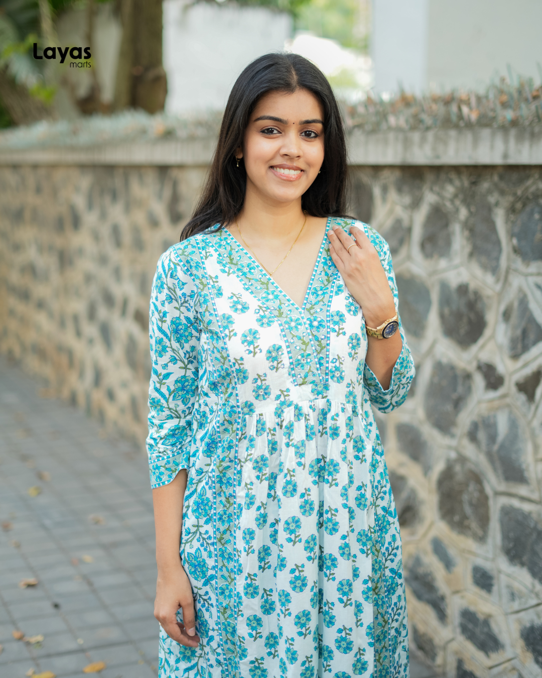 Aarvika Sky Bloom Anarkali Cotton Set – by Layas Marts