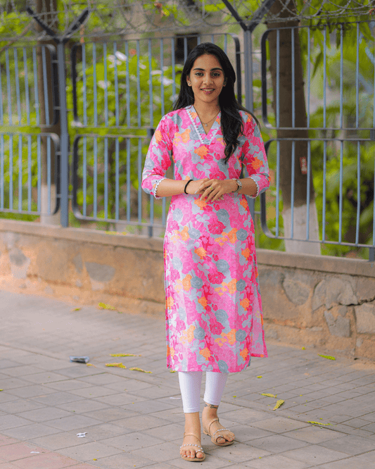 Pink Multicolor Floral Printed Soft Cotton Kurta – Layas Marts