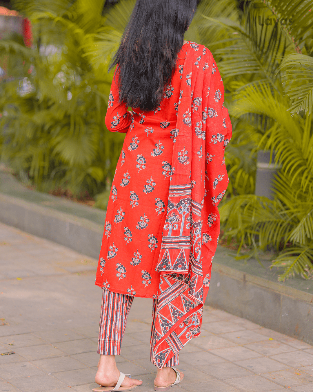 Red Motifs Printed Pure Cotton Straight Kurta with Palazzos & Dupatta