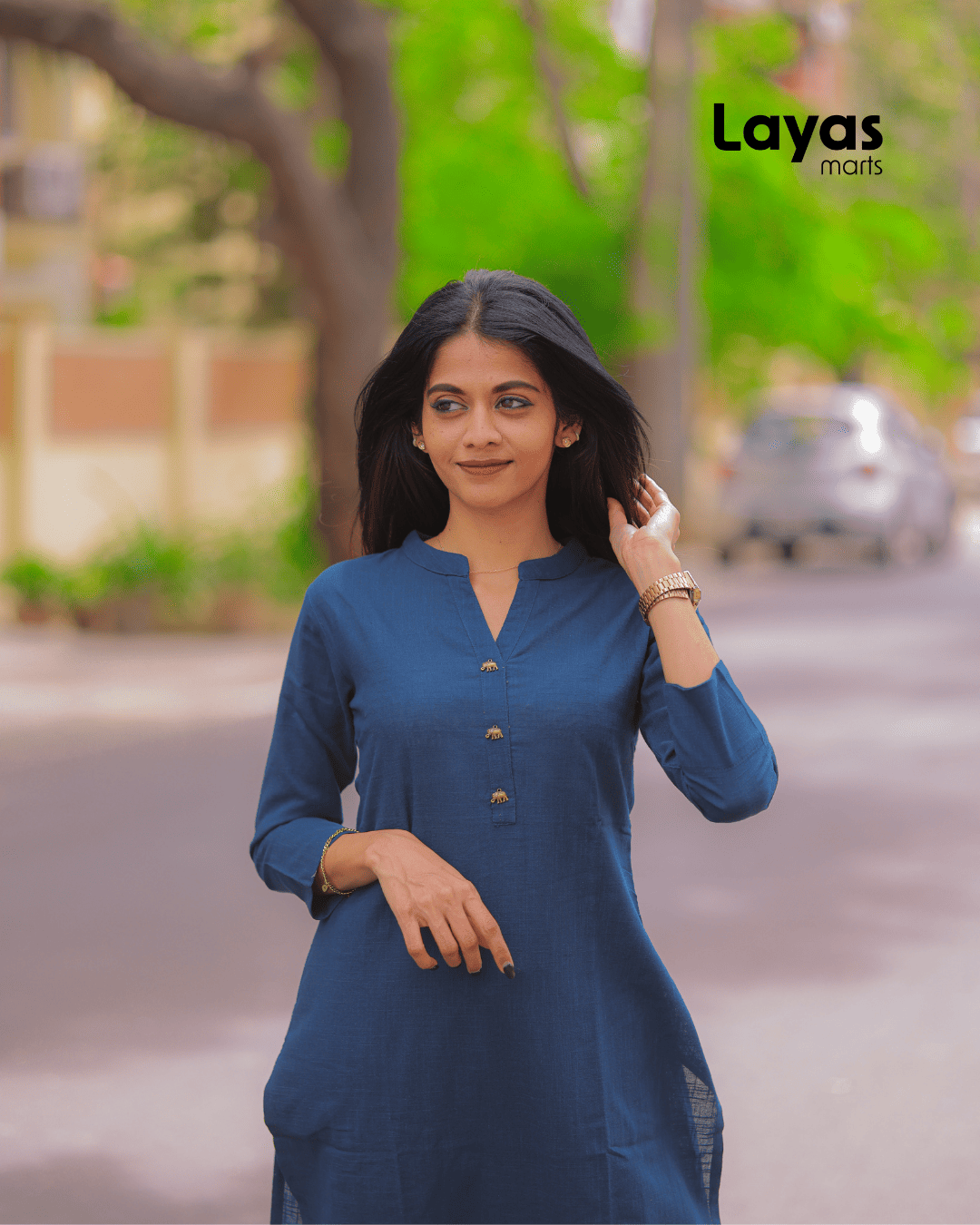 Navy Blue Solid Cotton Casual Kurta