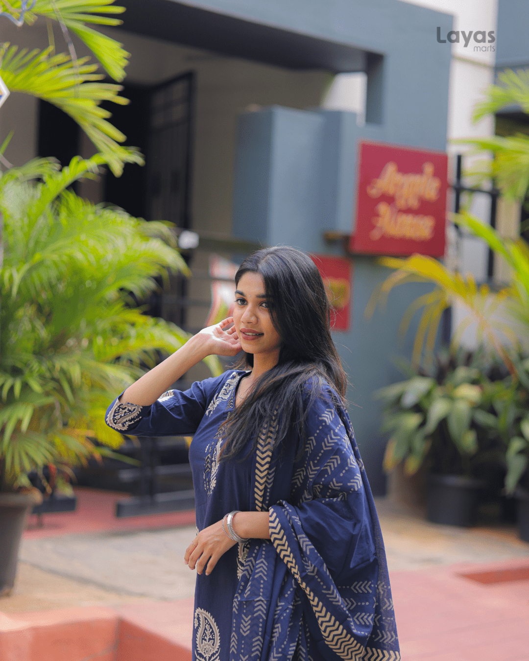 Navy Blue Floral Cotton Kurta Pant Dupatta Set – Layas Marts