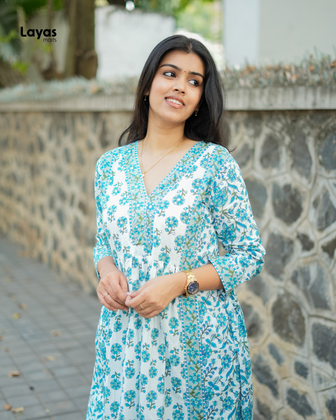 Aarvika Sky Bloom Anarkali Cotton Set – by Layas Marts