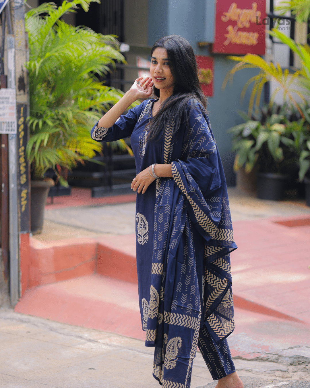 Navy Blue Floral Cotton Kurta Pant Dupatta Set – Layas Marts