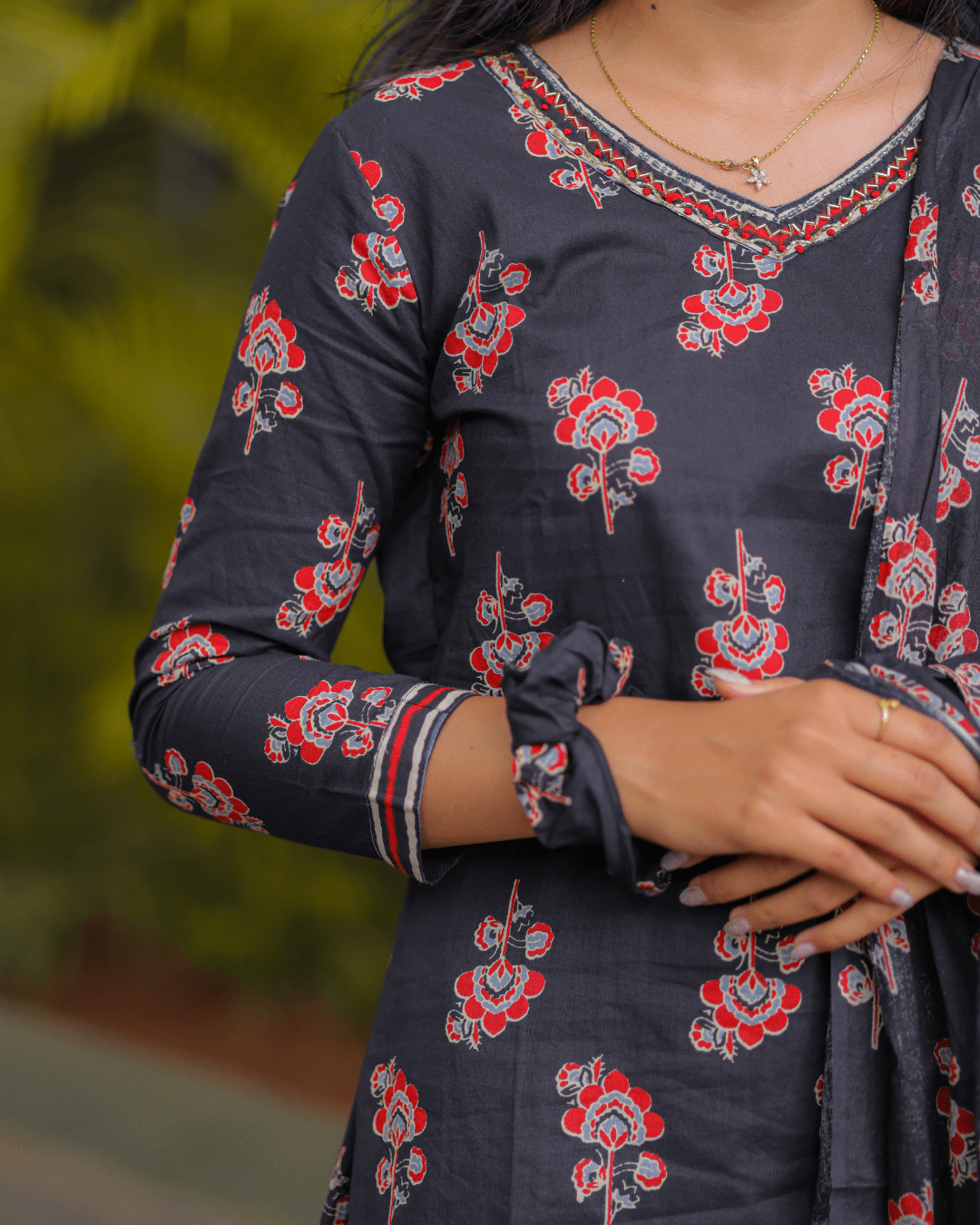 Black Motifs Printed Pure Cotton Straight Kurta with Palazzos & Dupatta