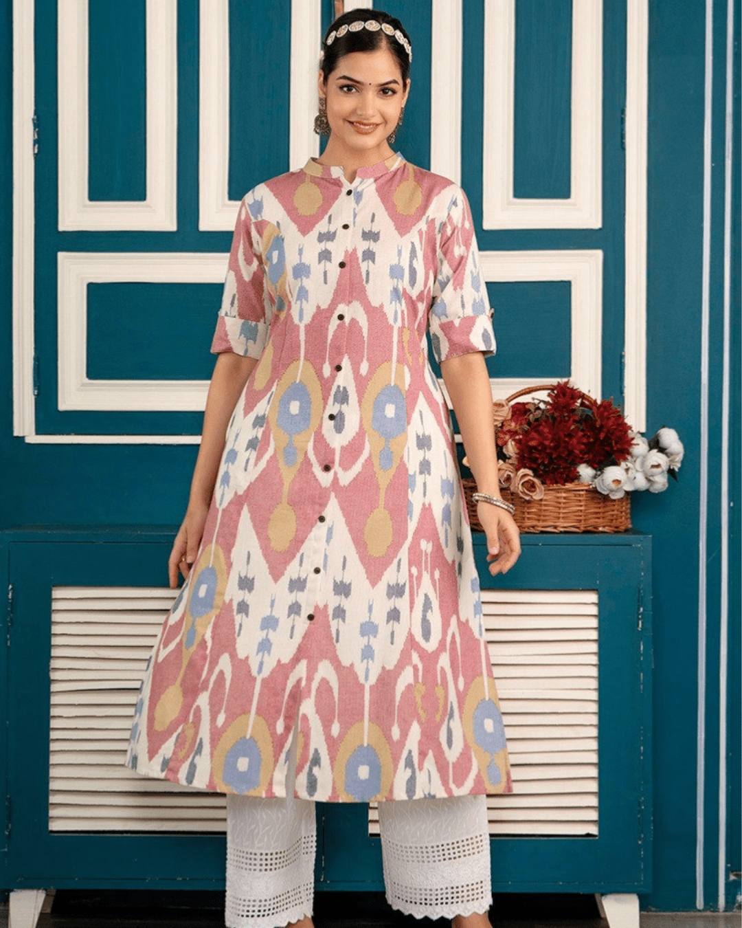 Cotton Ikat Print Floral A-Line Kurta