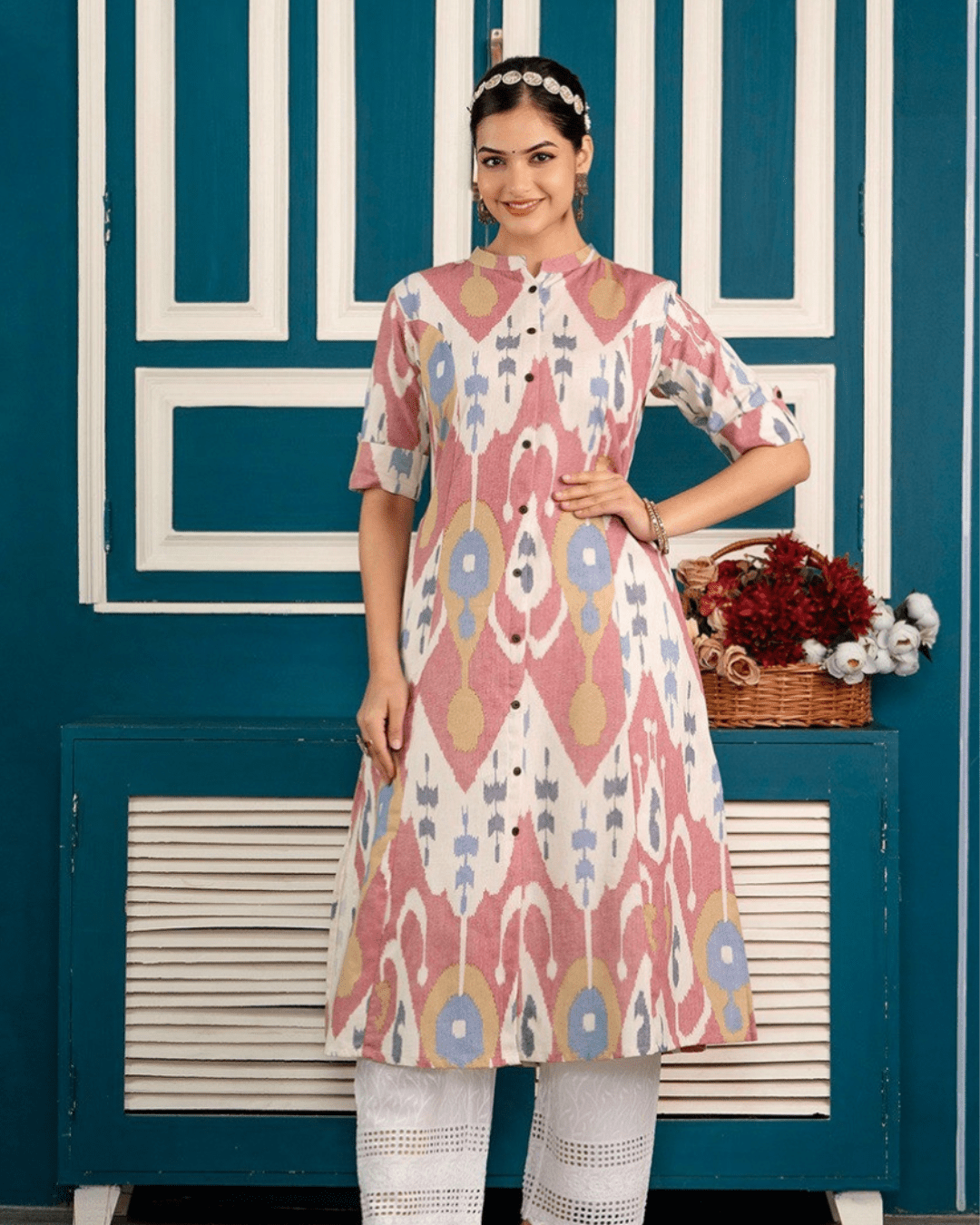 Cotton Ikat Print Floral A-Line Kurta