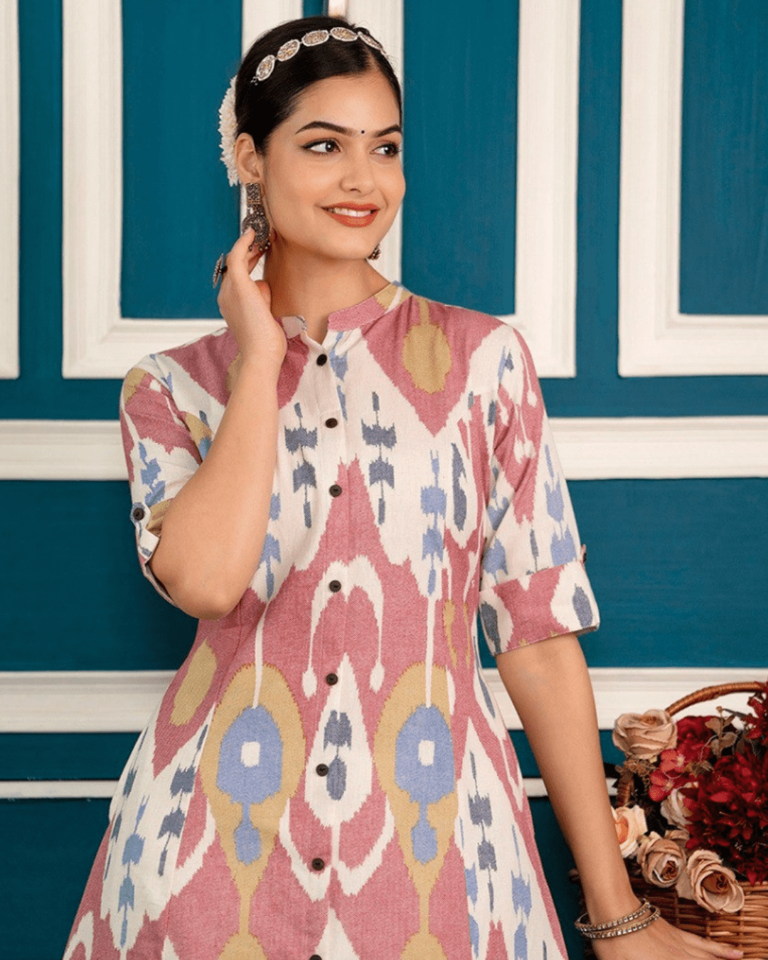 Cotton Ikat Print Floral A-Line Kurta