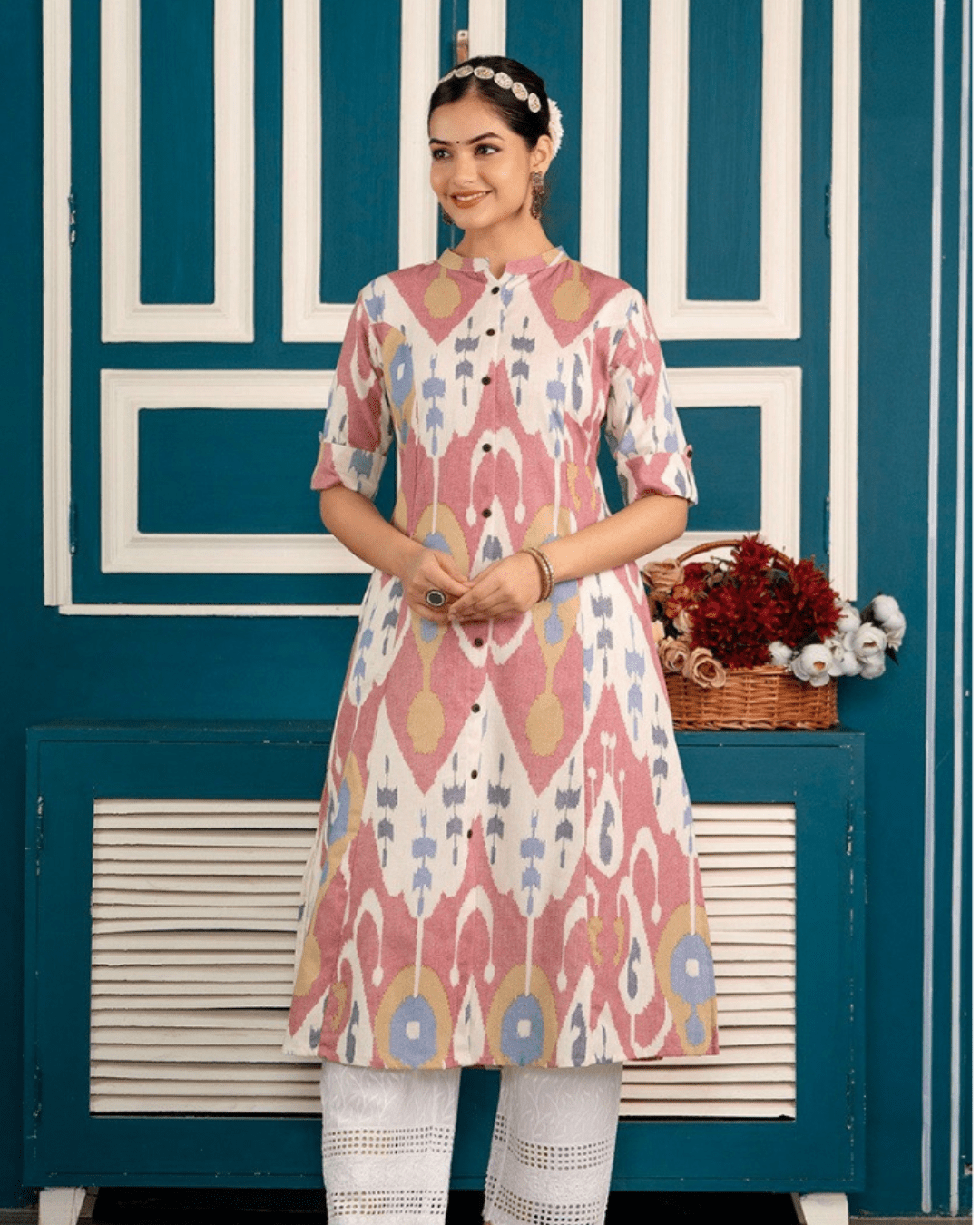 Cotton Ikat Print Floral A-Line Kurta