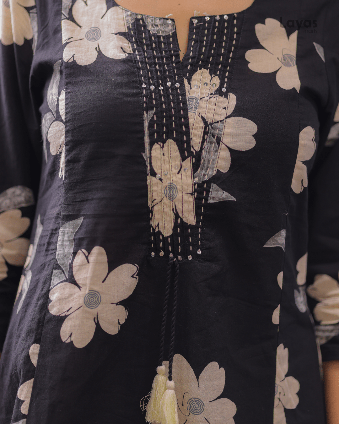 Black Floral Printed Cotton Suit Set with Sweetheart Neck