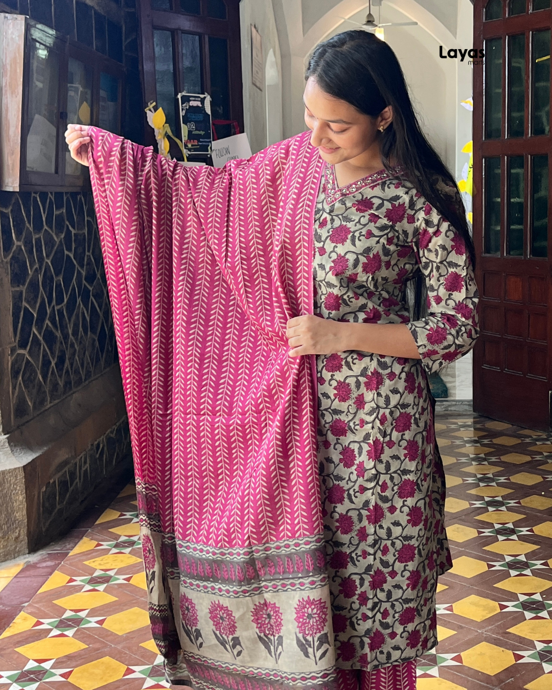 Maroon Floral Printed Cotton Suit Set with Dupatta
