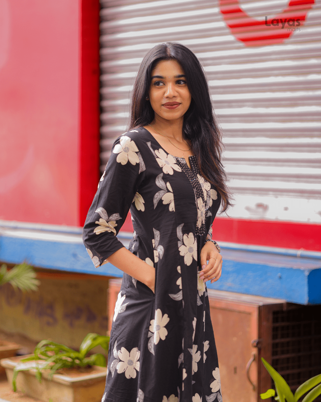 Black Floral Printed Cotton Suit Set with Sweetheart Neck