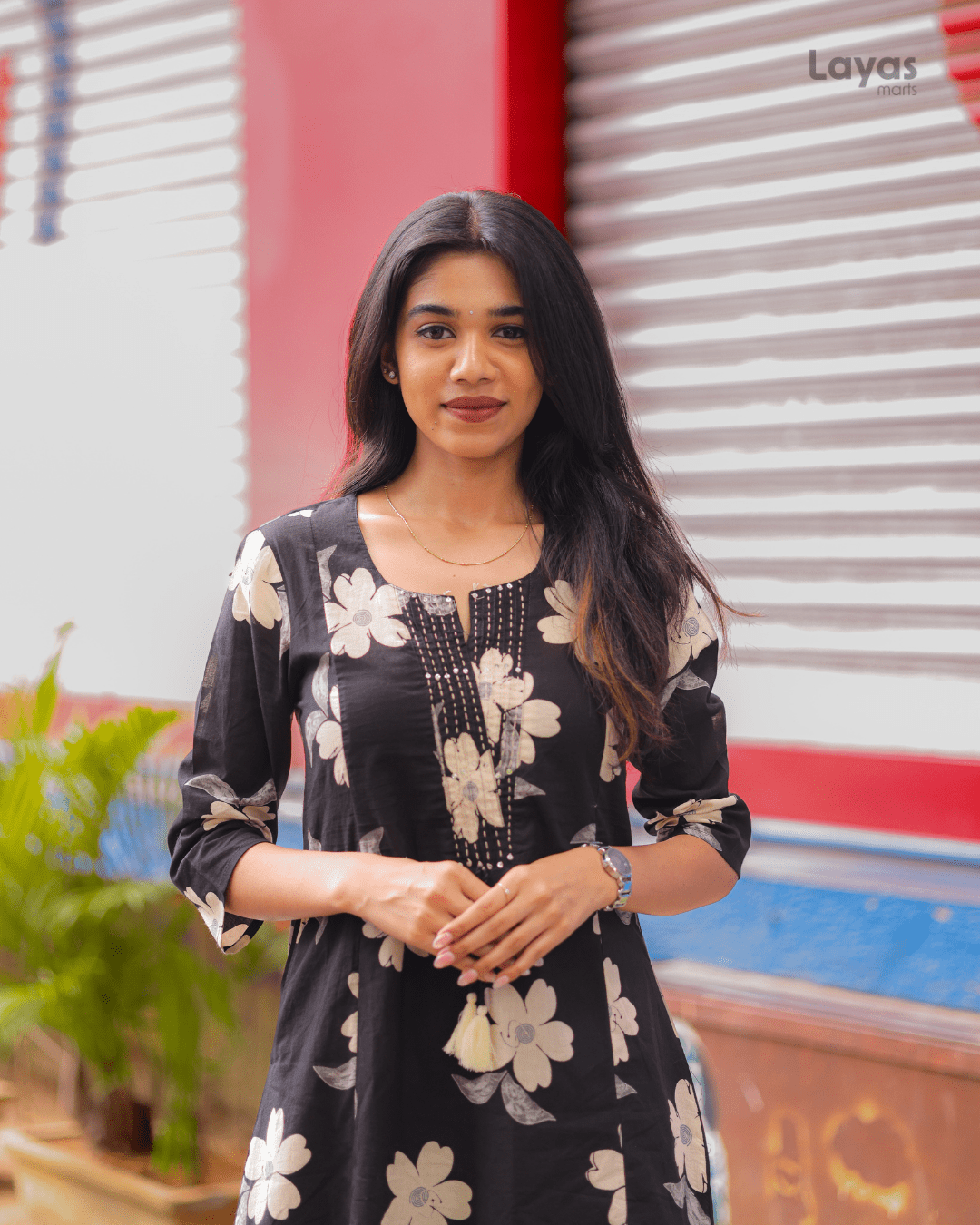 Black Floral Printed Cotton Suit Set with Sweetheart Neck