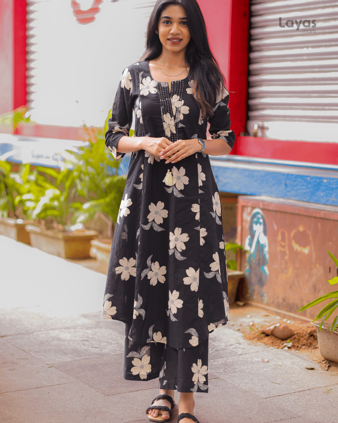 Black Floral Printed Cotton Suit Set with Sweetheart Neck