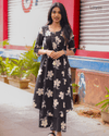 Black Floral Printed Cotton Suit Set with Sweetheart Neck