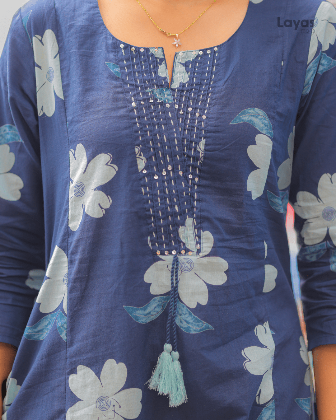 Blue Floral Printed Cotton Suit Set with Sweetheart Neck