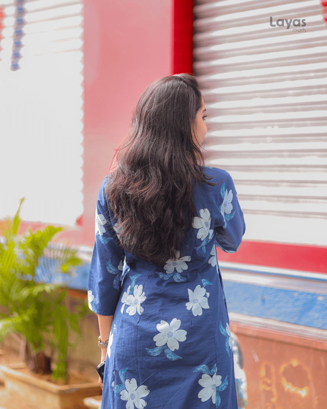 Blue Floral Printed Cotton Suit Set with Sweetheart Neck