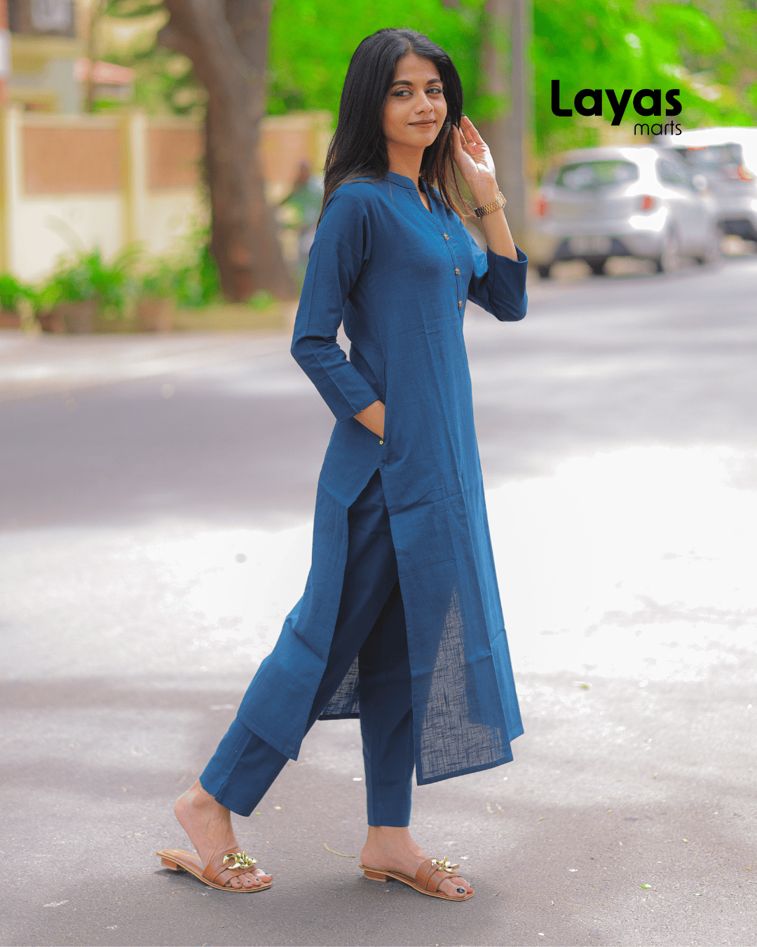Navy Blue Solid Cotton Casual Kurta