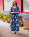 Blue Floral Printed Cotton Suit Set with Sweetheart Neck