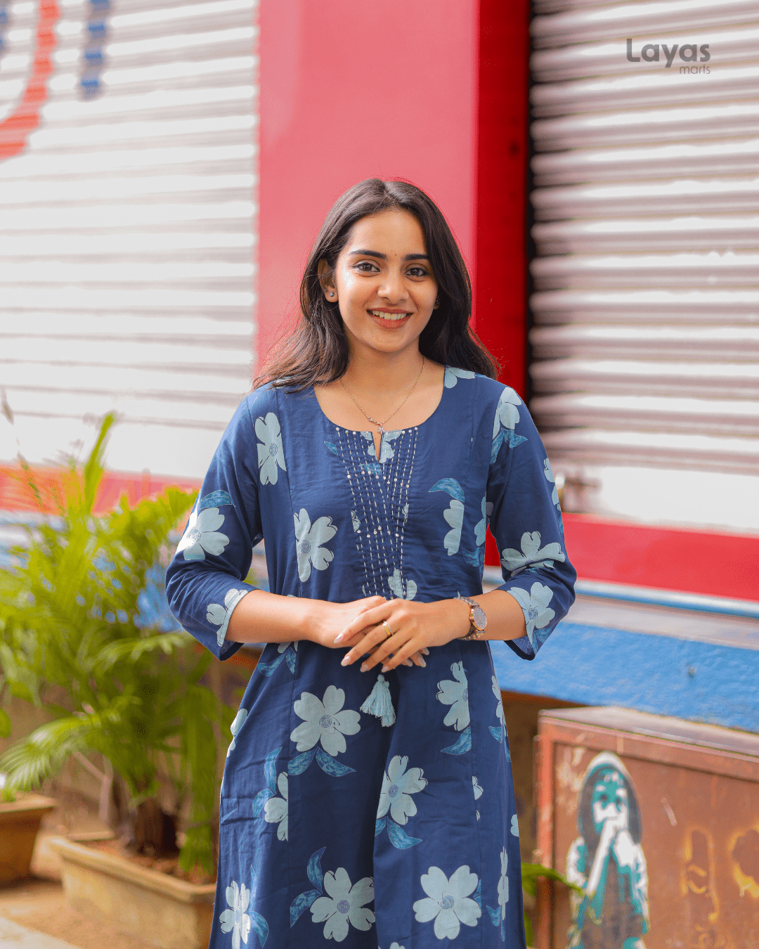 Blue Floral Printed Cotton Suit Set with Sweetheart Neck