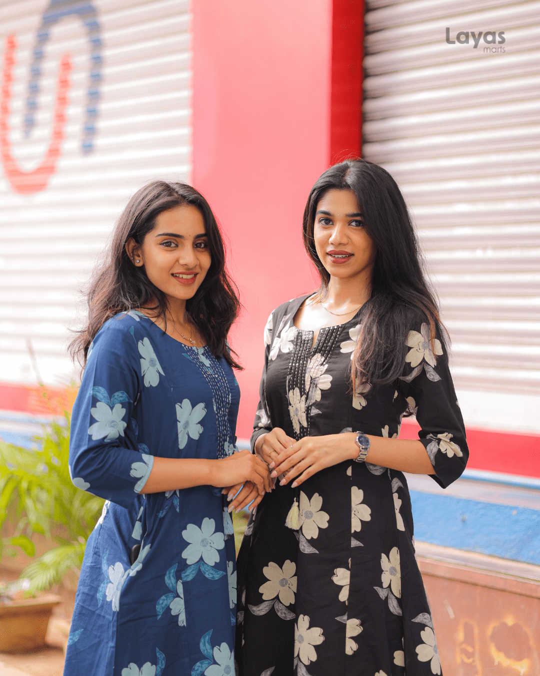 Blue Floral Printed Cotton Suit Set with Sweetheart Neck