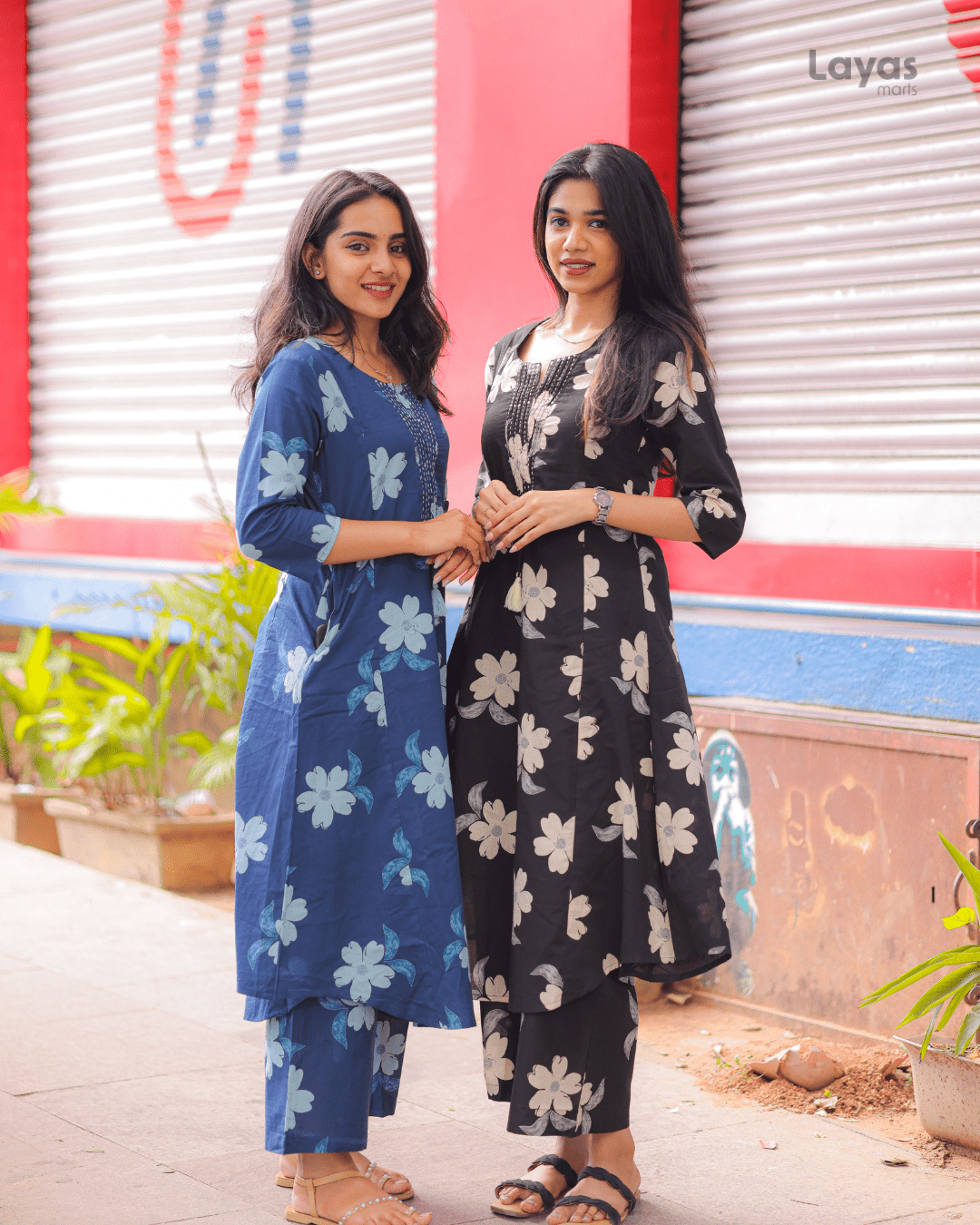 Black Floral Printed Cotton Suit Set with Sweetheart Neck