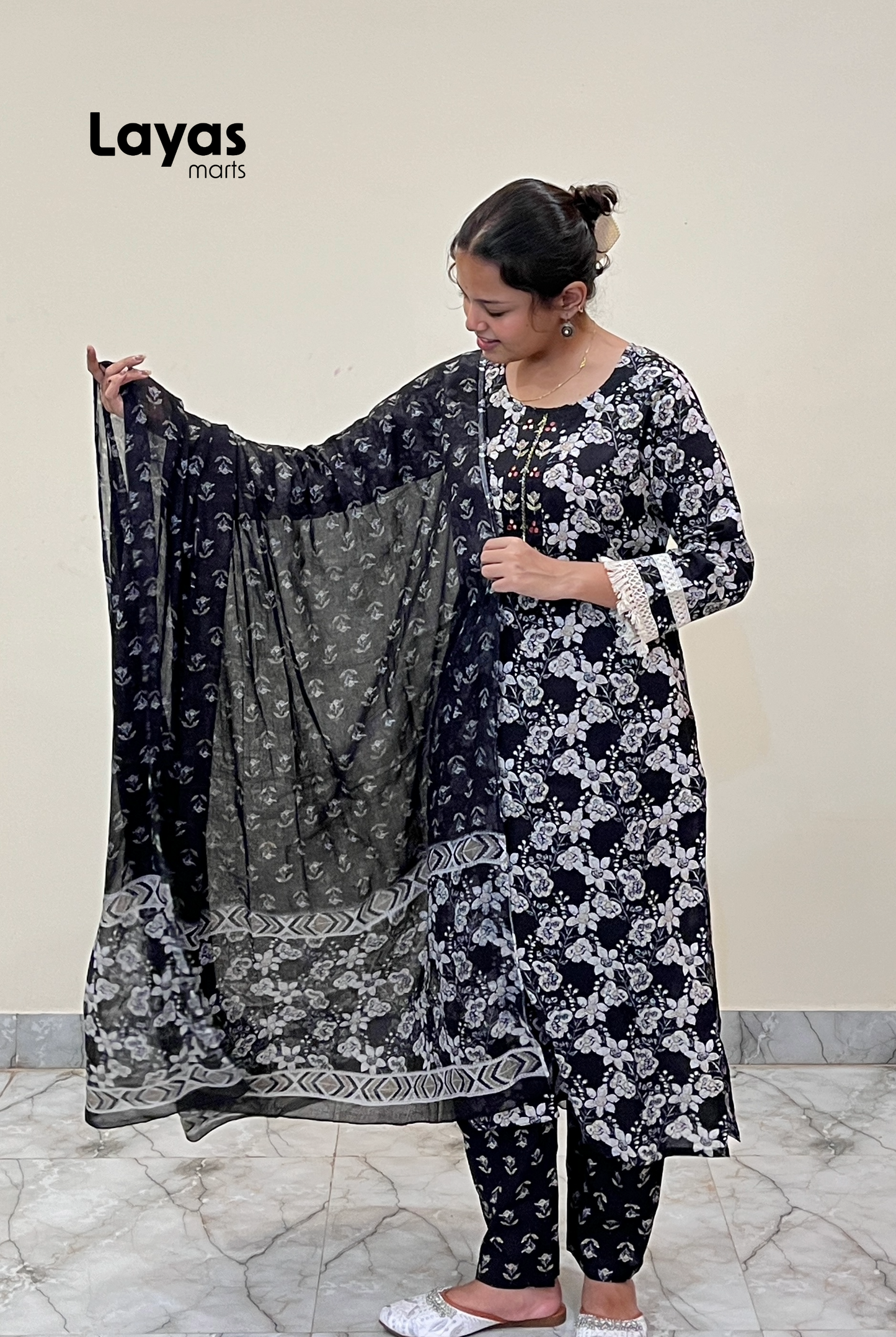 Amaira Black Floral Embroidered Cotton Kurta Set with Dupatta