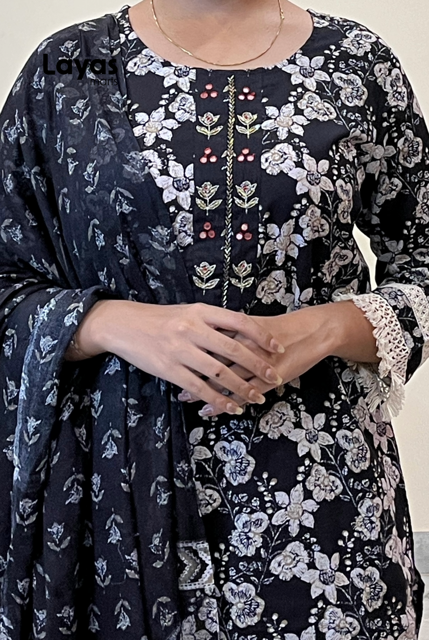 Amaira Black Floral Embroidered Cotton Kurta Set with Dupatta
