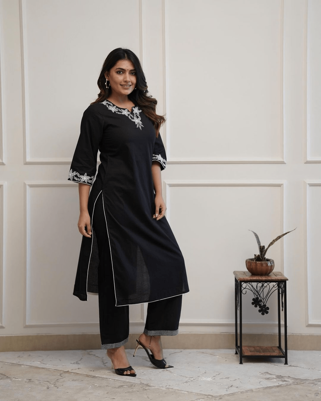 Black Floral Embroidered Kurti with Palazzo -Layas Marts