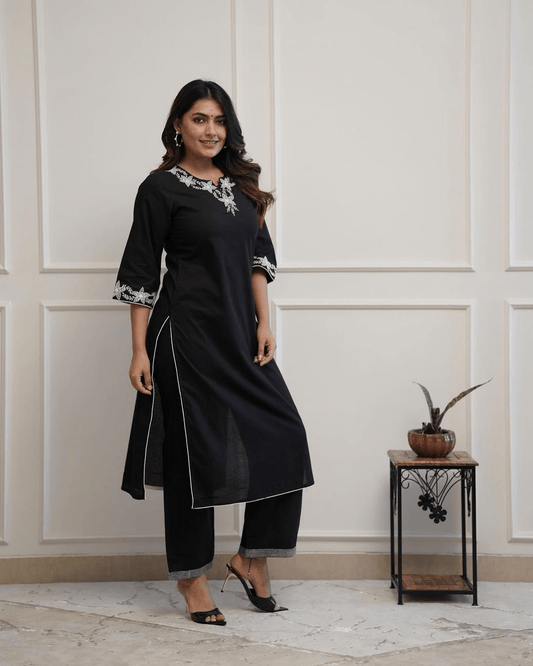 Black Floral Embroidered Kurti with Palazzo -Layas Marts