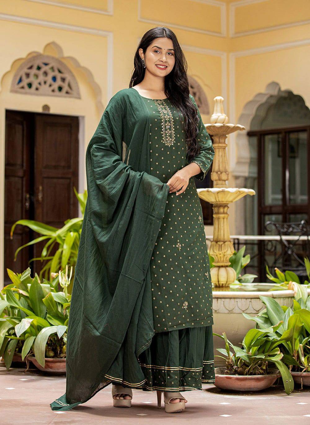 Green Gold Printe Cotton Kurta Sharara Set With Dupatta Set Of 3