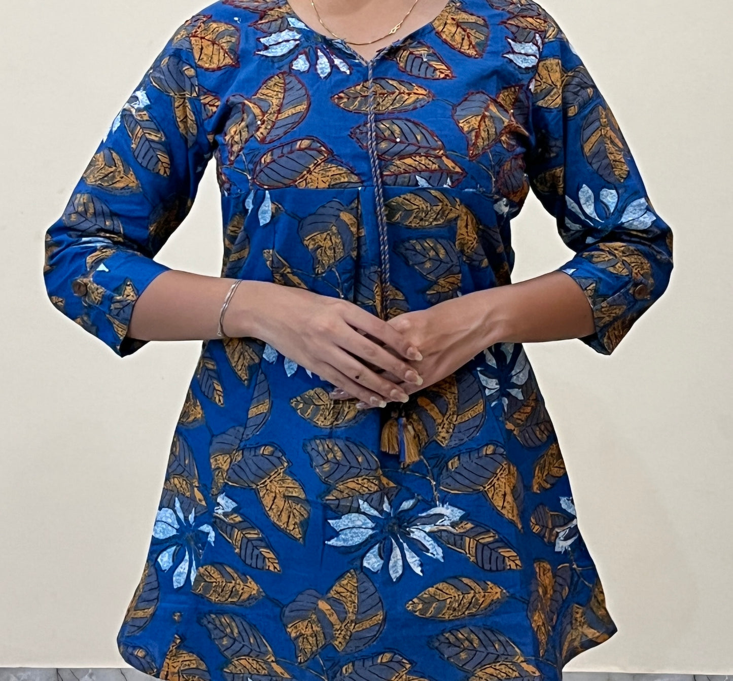 Blue Cotton Printed Tunic with White Embroidered Pants – Layas Marts