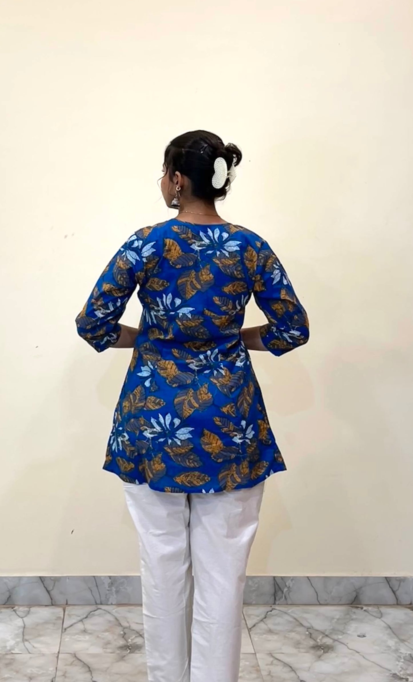 Blue Cotton Printed Tunic with White Embroidered Pants – Layas Marts